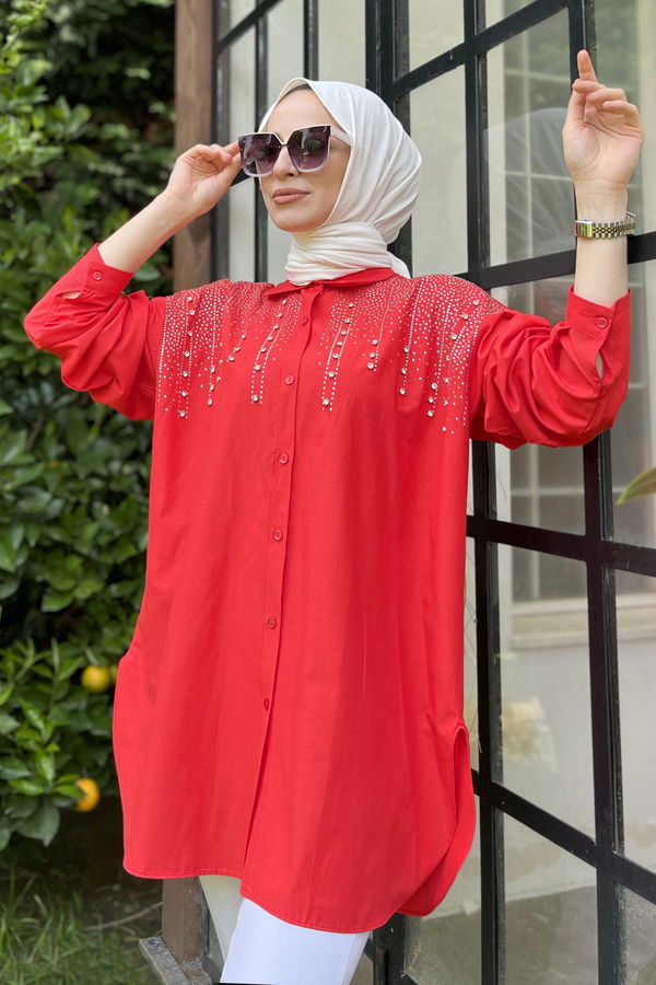 Düz Gömlek Yaka Kadın Kırmızı Tunik - 22562
