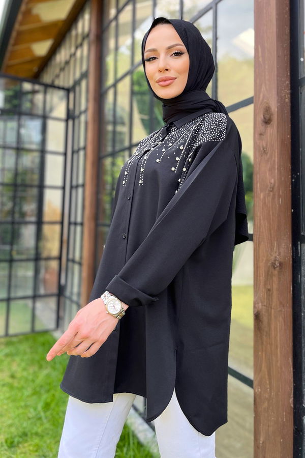 Düz Gömlek Yaka Kadın Siyah Tunik - 22562