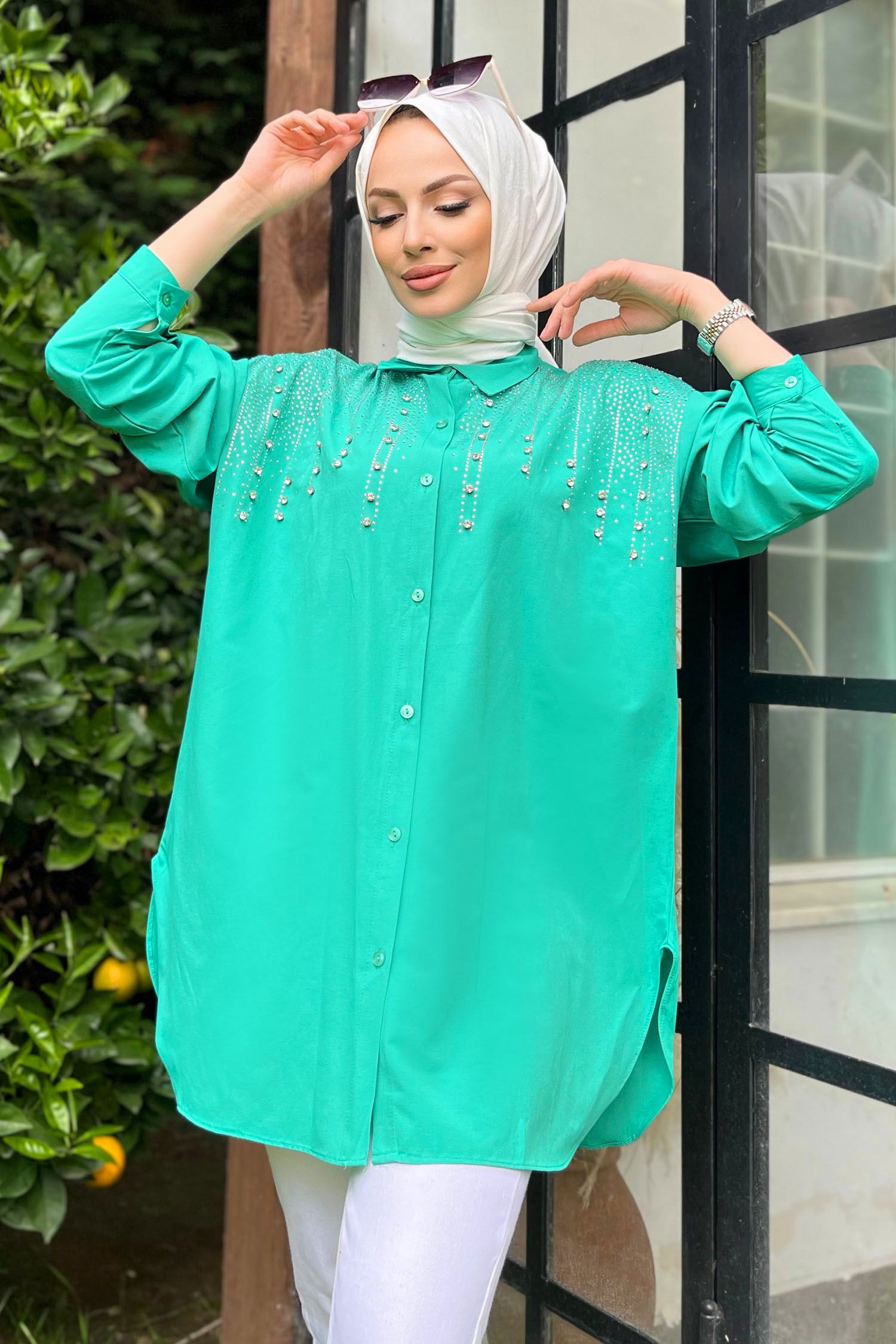 Düz Gömlek Yaka Kadın Yeşil Tunik - 22562