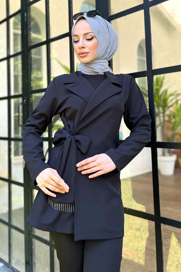 Düz Ceket Yaka Kadın Siyah Ceket+Pantolon - 11511