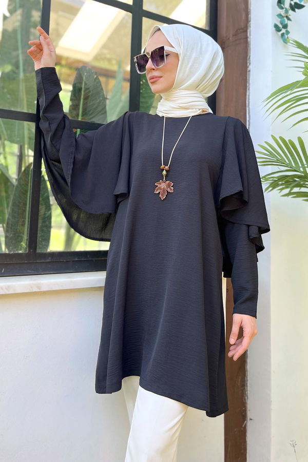 Düz Bisiklet Yaka Kadın Siyah Tunik - 11509 SİYAH