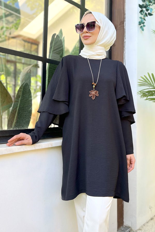 Düz Bisiklet Yaka Kadın Siyah Tunik - 11509 SİYAH