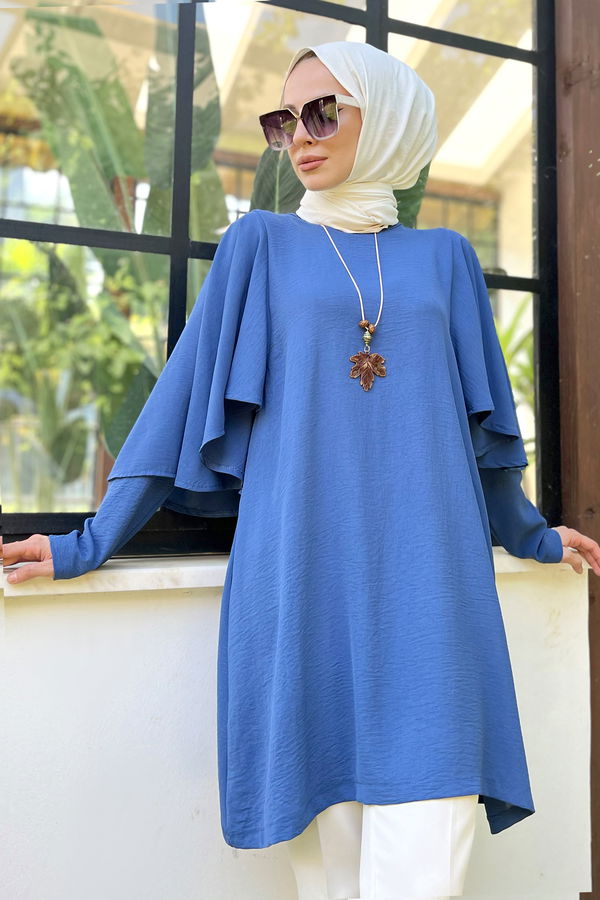 Düz Bisiklet Yaka Kadın Mavi Tunik - 11509