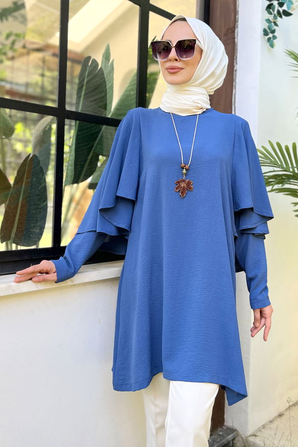 Düz Bisiklet Yaka Kadın Mavi Tunik - 11509