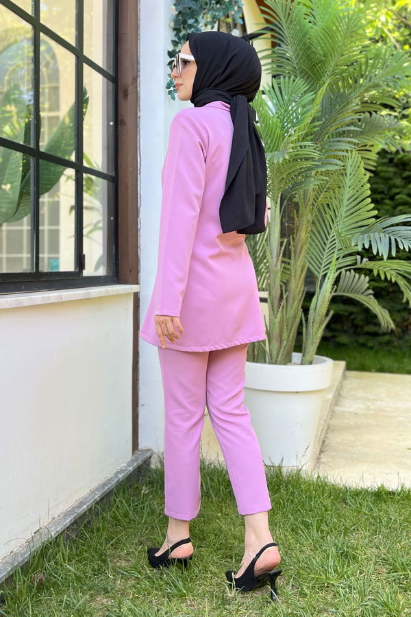 Düz Ceket Yaka Kadın Pembe Ceket+Pantolon - 11511 PEMBE