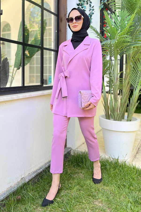 Düz Ceket Yaka Kadın Pembe Ceket+Pantolon - 11511 PEMBE