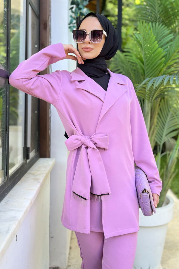Düz Ceket Yaka Kadın Pembe Ceket+Pantolon - 11511 PEMBE