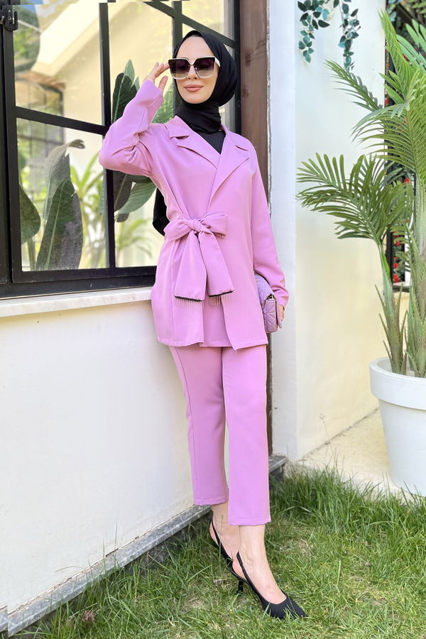 Düz Ceket Yaka Kadın Pembe Ceket+Pantolon - 11511 PEMBE