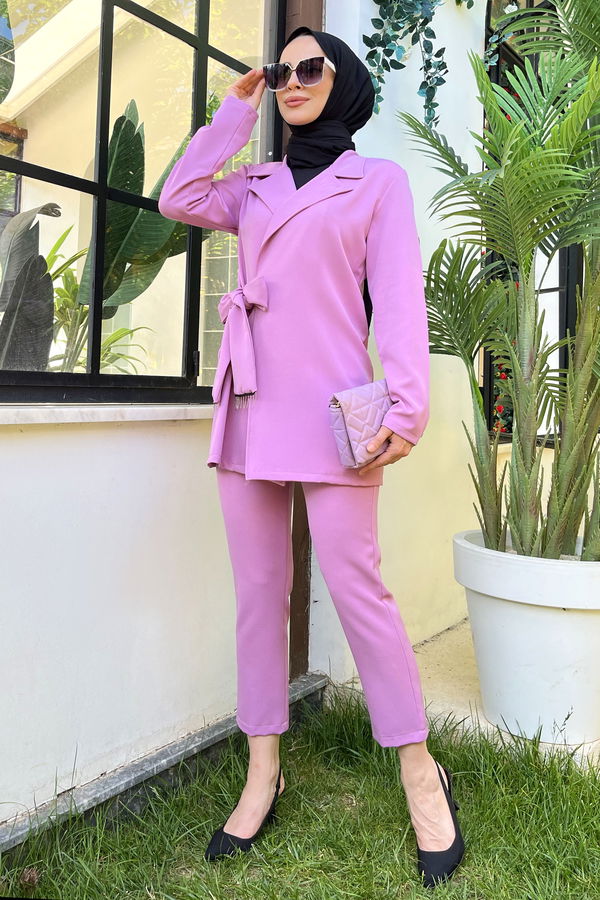 Düz Ceket Yaka Kadın Pembe Ceket+Pantolon - 11511 PEMBE
