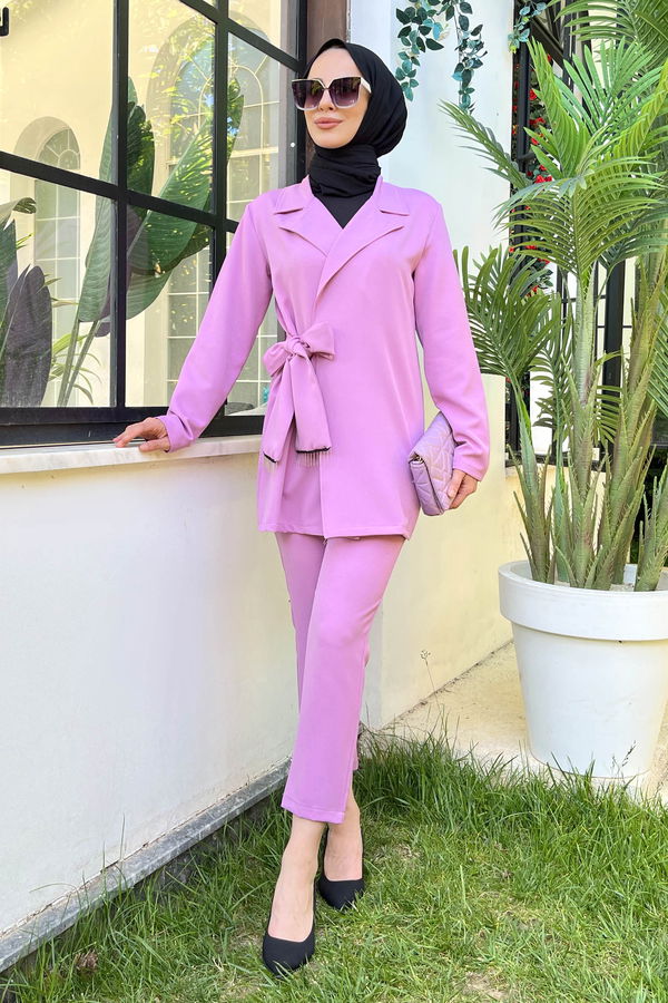 Düz Ceket Yaka Kadın Pembe Ceket+Pantolon - 11511 PEMBE