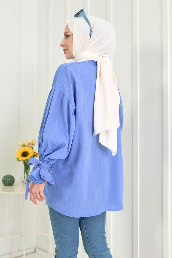 Düz Gömlek Yaka Kadın Mavi Tunik - 22567
