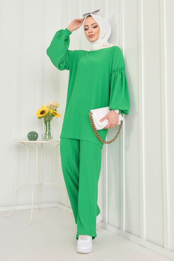 Düz Bisiklet Yaka Kadın Yeşil Tunik+Pantolon - 11591 YEŞİL