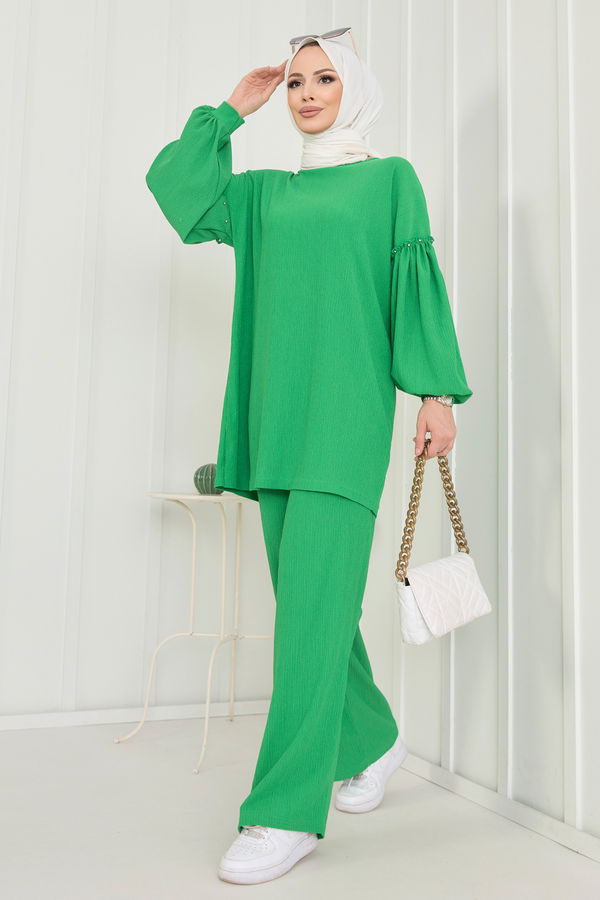 Düz Bisiklet Yaka Kadın Yeşil Tunik+Pantolon - 11591 YEŞİL