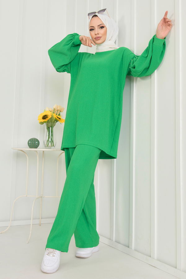 Düz Bisiklet Yaka Kadın Yeşil Tunik+Pantolon - 11591 YEŞİL