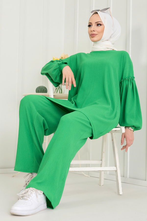 Düz Bisiklet Yaka Kadın Yeşil Tunik+Pantolon - 11591 YEŞİL