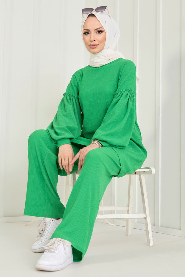 Düz Bisiklet Yaka Kadın Yeşil Tunik+Pantolon - 11591 YEŞİL