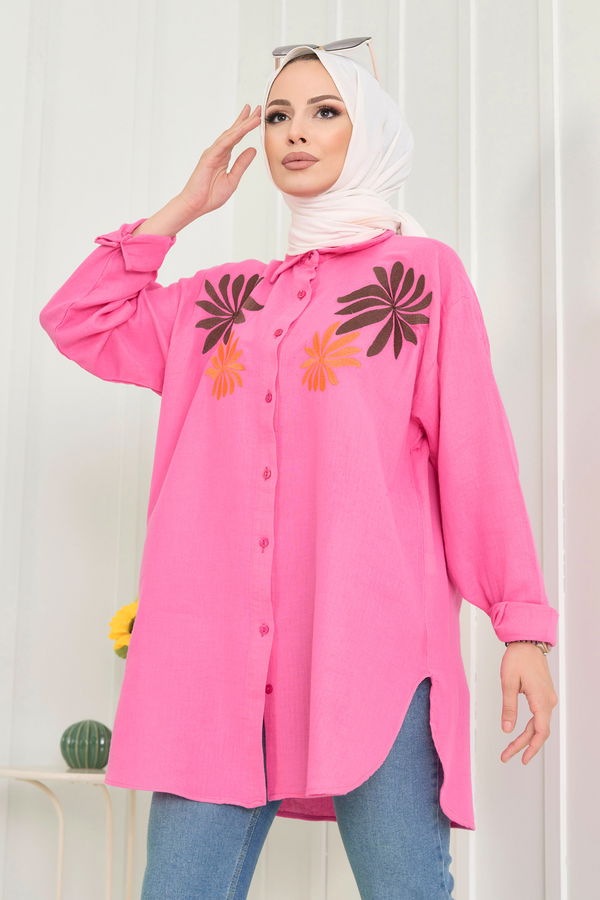 Düz Gömlek Yaka Kadın Pembe Tunik - 22565