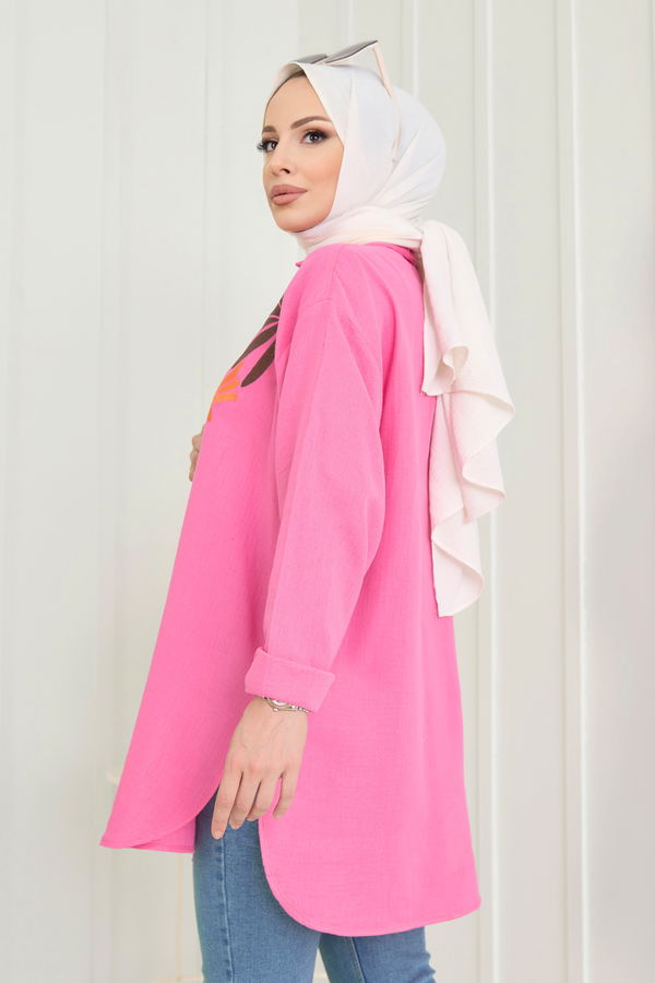 Düz Gömlek Yaka Kadın Pembe Tunik - 22565