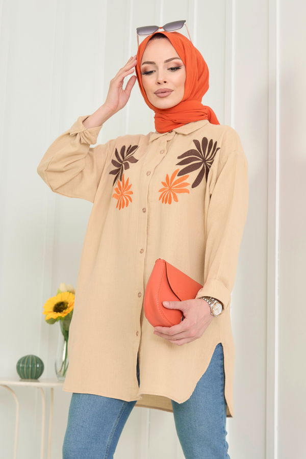 Düz Hakim Yaka Kadın Vizon Tunik+Pantolon - 22566 VİZON
