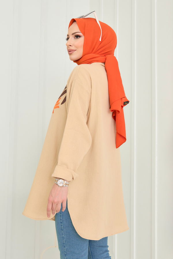 Düz Hakim Yaka Kadın Vizon Tunik+Pantolon - 22566 VİZON