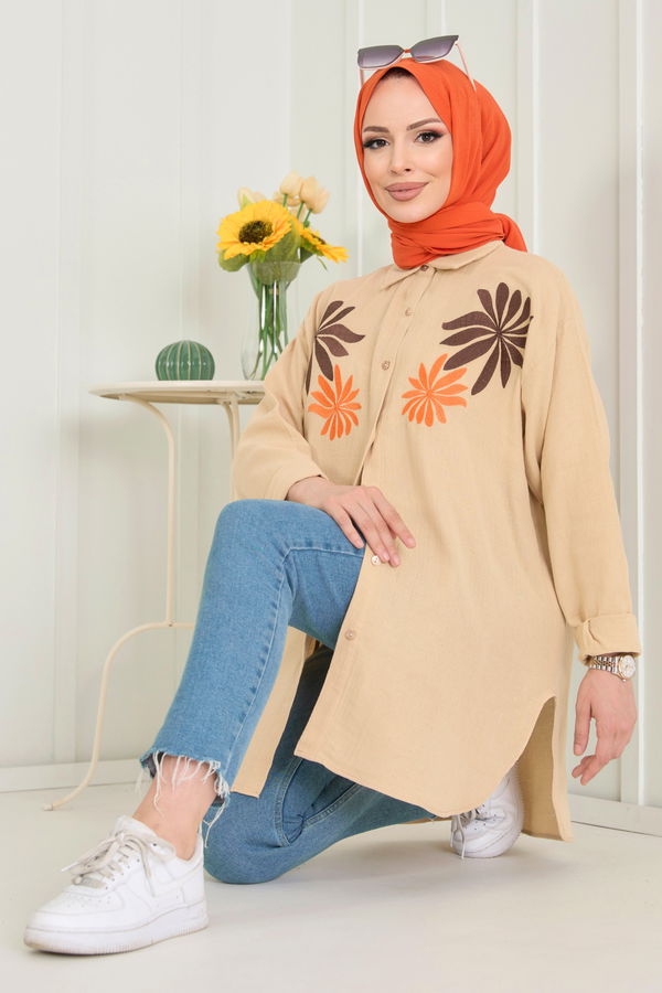 Düz Hakim Yaka Kadın Vizon Tunik+Pantolon - 22566 VİZON
