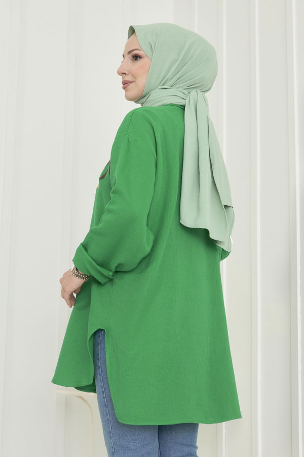 Düz Gömlek Yaka Kadın Yeşil Tunik - 22565