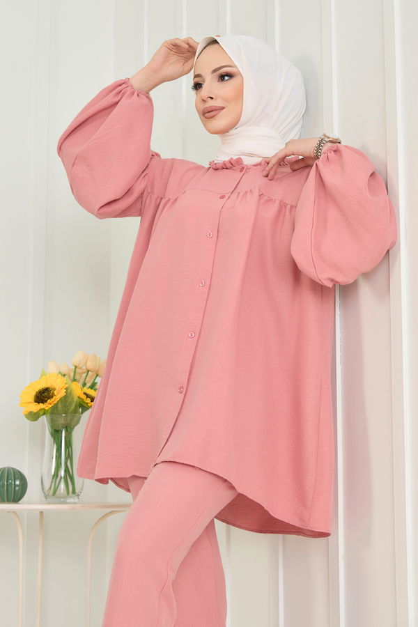 Düz Hakim Yaka Kadın Pembe Tunik+Pantolon - 22566