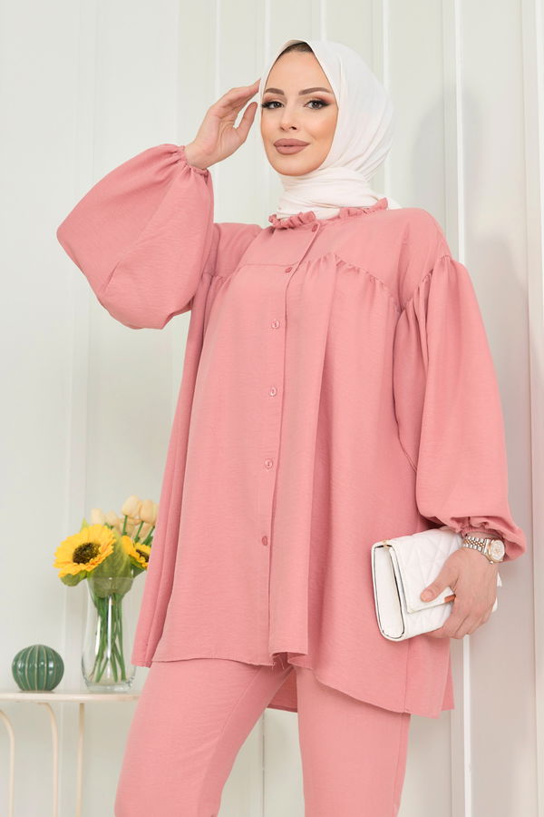 Düz Hakim Yaka Kadın Pembe Tunik+Pantolon - 22566