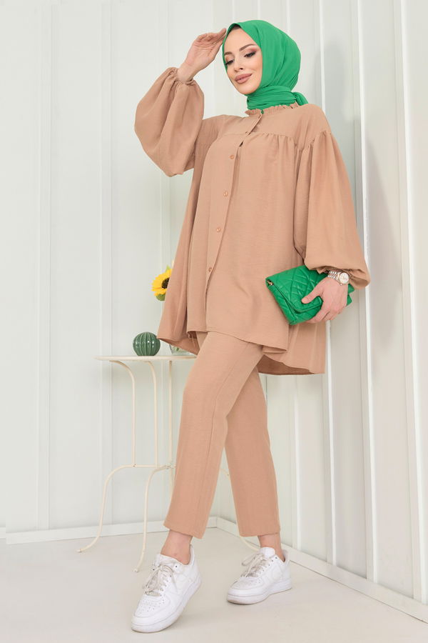 Düz Hakim Yaka Kadın Vizon Tunik+Pantolon - 22566 VİZON