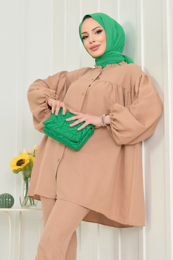 Düz Hakim Yaka Kadın Vizon Tunik+Pantolon - 22566 VİZON
