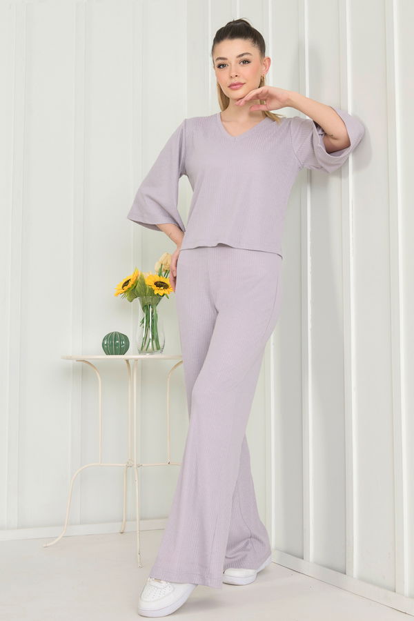 Düz Bisiklet Yaka Kadın Gri Bluz+Panrolon - 22494