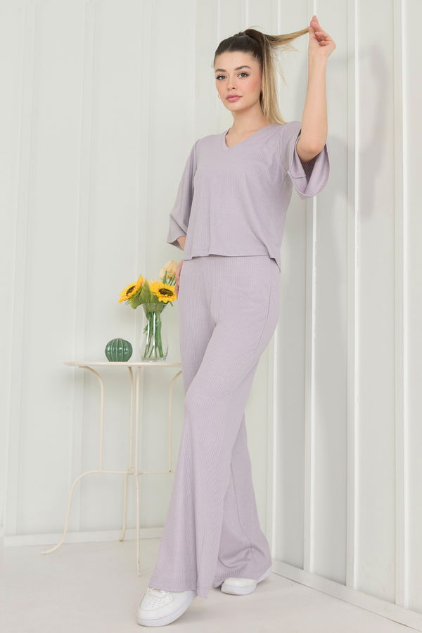 Düz Bisiklet Yaka Kadın Gri Bluz+Panrolon - 22494