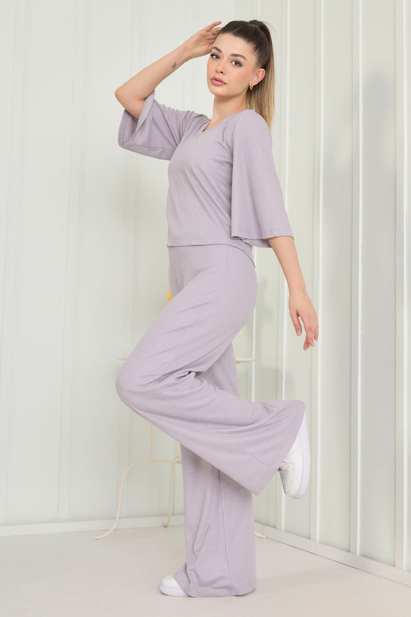 Düz Bisiklet Yaka Kadın Gri Bluz+Panrolon - 22494