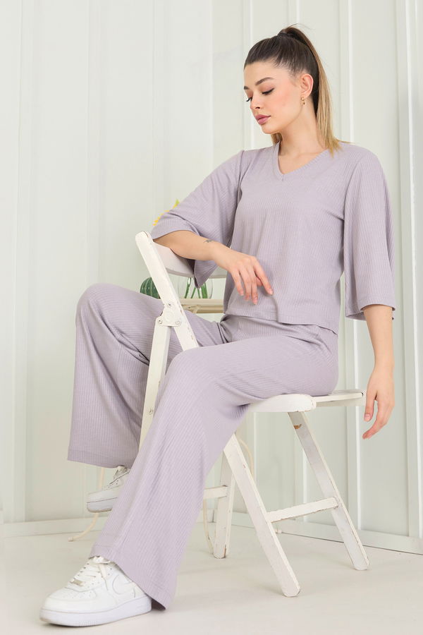 Düz Bisiklet Yaka Kadın Gri Bluz+Panrolon - 22494