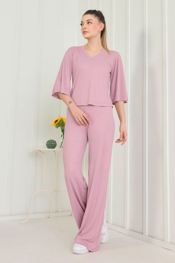 Düz Bisiklet Yaka Kadın Pembe Bluz+Panrolon - 22494