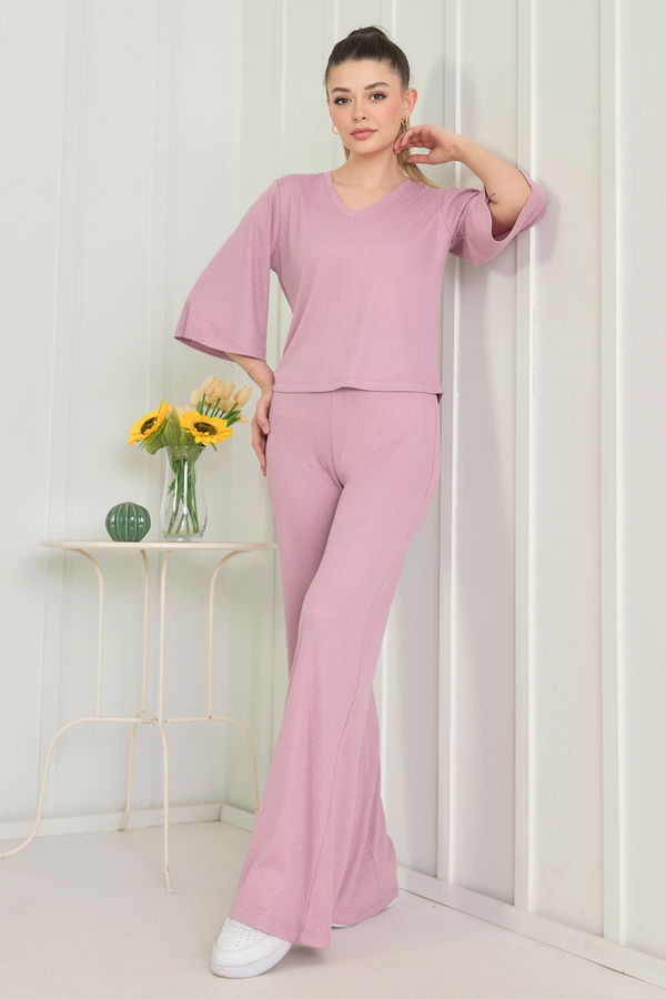 Düz Bisiklet Yaka Kadın Pembe Bluz+Panrolon - 22494