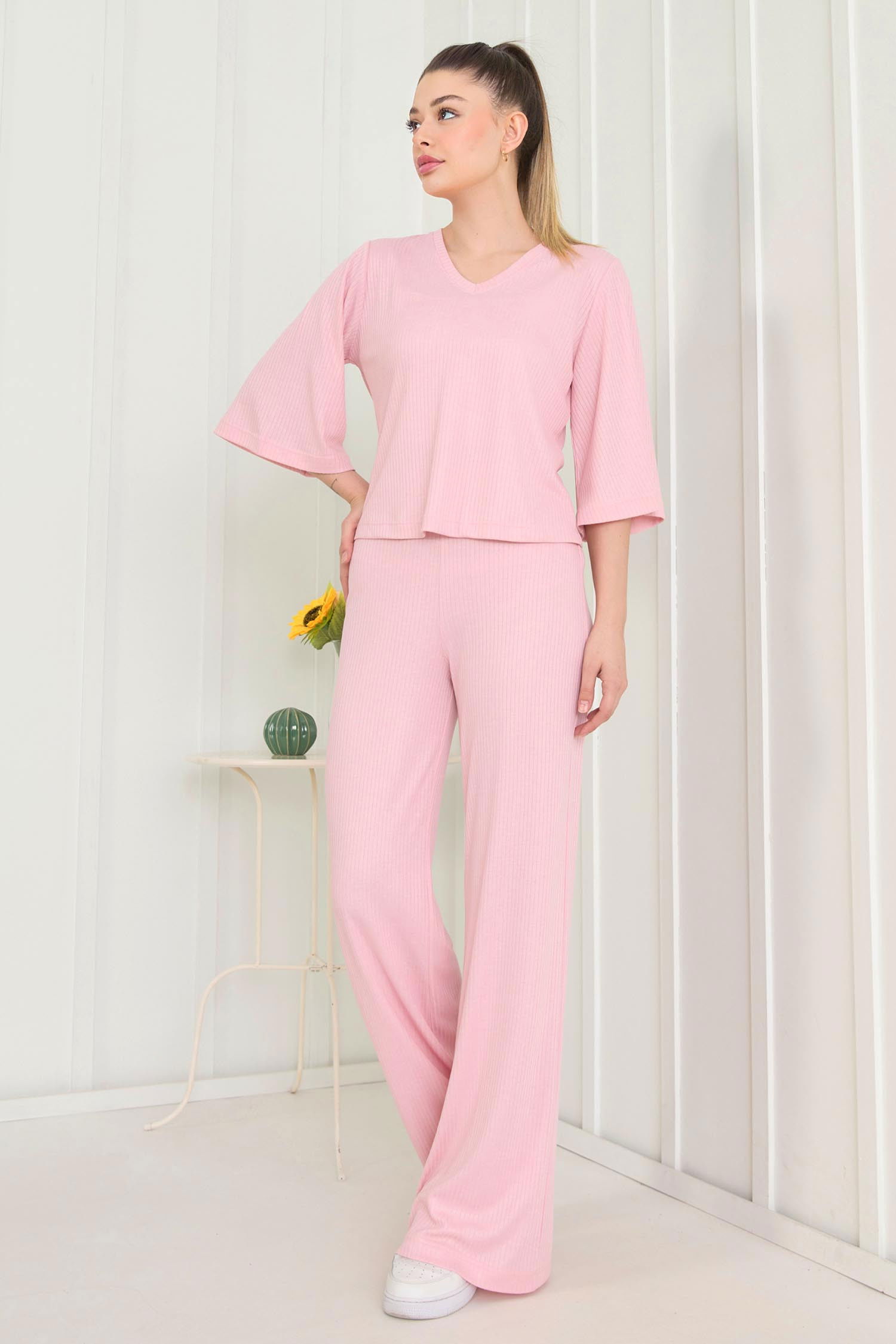 Düz Bisiklet Yaka Kadın Pembe Bluz+Panrolon - 22494