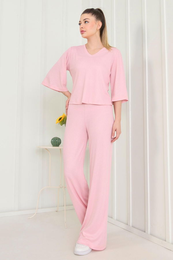 Düz Bisiklet Yaka Kadın Pembe Bluz+Panrolon - 22494