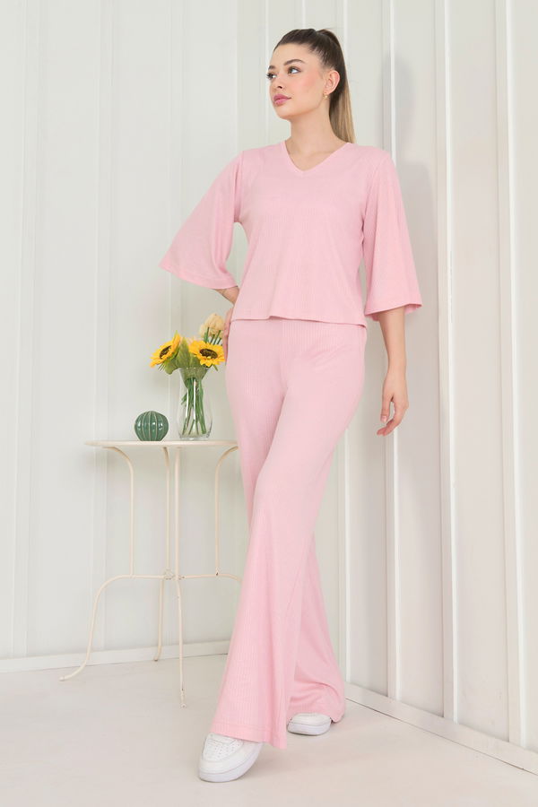 Düz Bisiklet Yaka Kadın Pembe Bluz+Panrolon - 22494