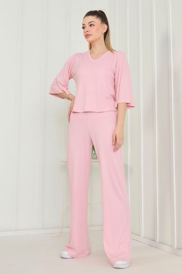 Düz Bisiklet Yaka Kadın Pembe Bluz+Panrolon - 22494