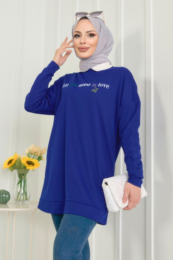 Düz Bisiklet Yaka Kadın Mavi Tunik - 11618 MAVİ