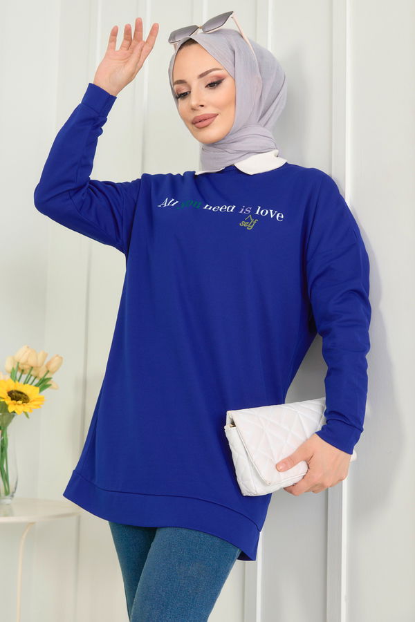 Düz Bisiklet Yaka Kadın Mavi Tunik - 11618 MAVİ