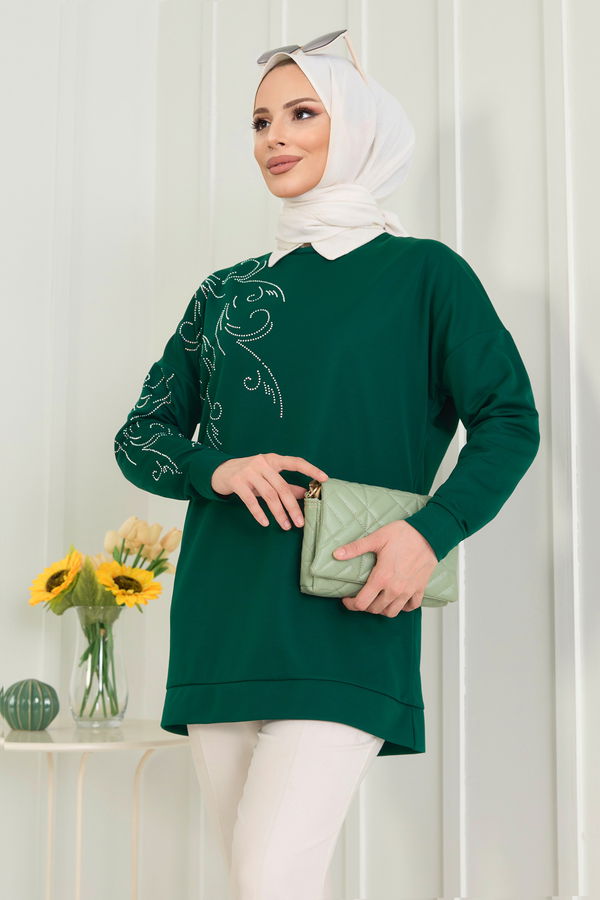 Düz Bisiklet Yaka Kadın Yeşil Tunik - 11523