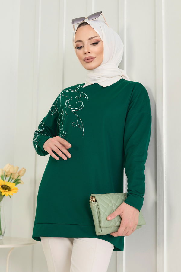 Düz Bisiklet Yaka Kadın Yeşil Tunik - 11523
