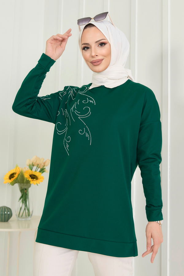 Düz Bisiklet Yaka Kadın Yeşil Tunik - 11523