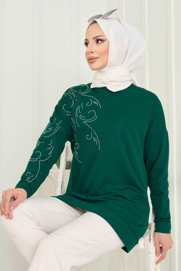 Düz Bisiklet Yaka Kadın Yeşil Tunik - 11523