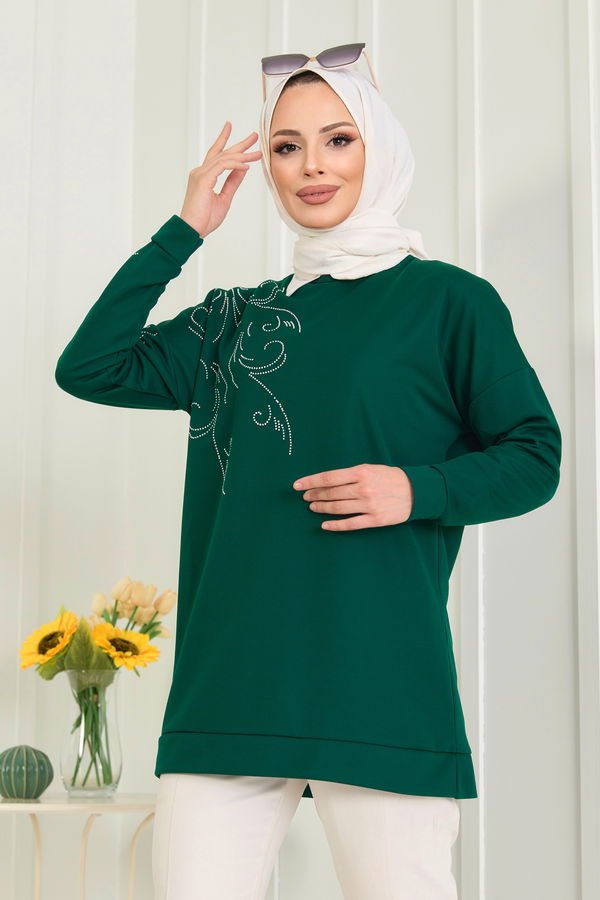 Düz Bisiklet Yaka Kadın Yeşil Tunik - 11523