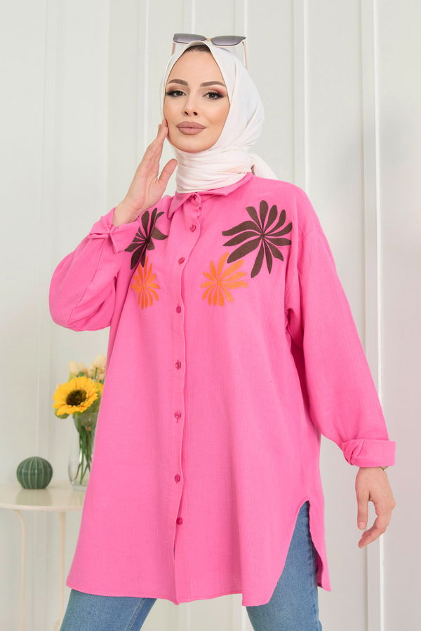 Düz Gömlek Yaka Kadın Fuşya Tunik - 22565