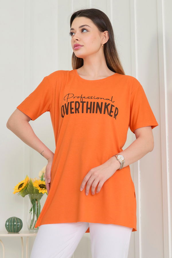 Düz Bisiklet Yaka Kadın Turuncu T-Shirt - 22246
