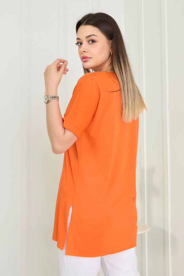 Düz Bisiklet Yaka Kadın Turuncu T-Shirt - 22246